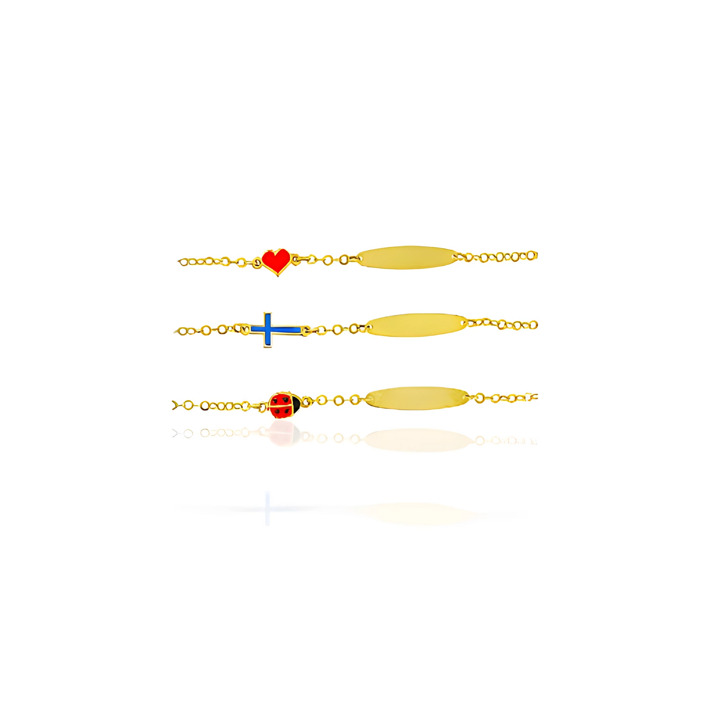 14K Gold baby ID bracelets with Lady Bug, Cross and Heart